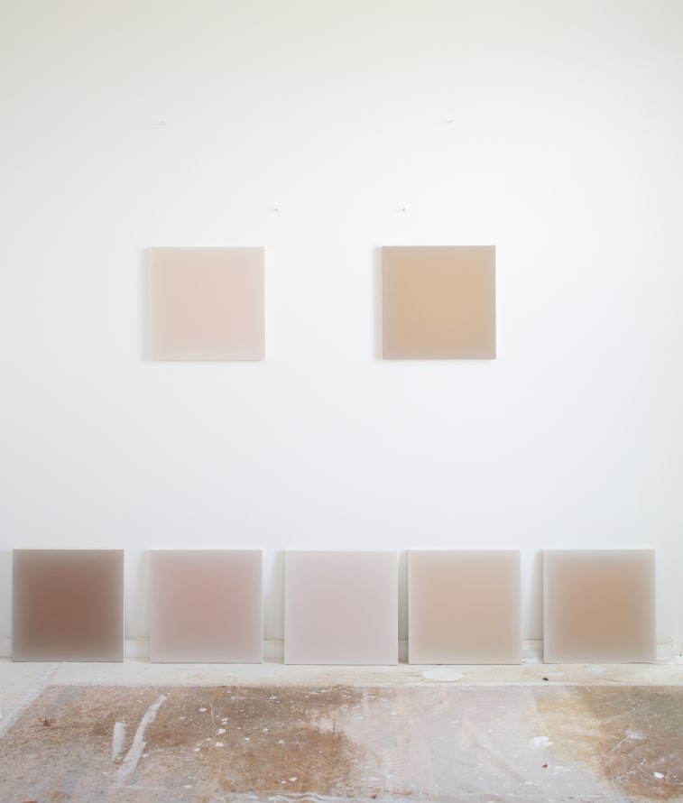 DEEDS WORLD - Artist Interview - Gwen Hardie - 21 Series of 20 inch squares studio wall 2021